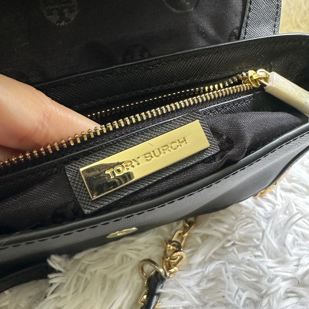 Tory Burch Black Saffiano Leather Mini Crossbody Clutch Convertible Chain Bag